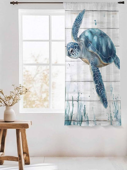 Sheer Curtains 63 Inch Length, Teal Green Ocean Turtle Semi Sheer Curtains Light Filtering Window Treatment, Coastal Seaweed Wood Grain Privacy Voile Drapes for Living Room Bedroom 52x63 Inch