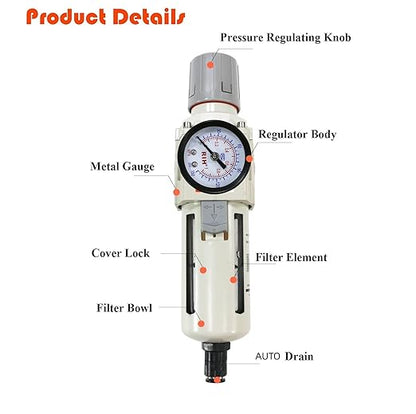 RIH Pneumatics 1/2"NPT Auto Drain Air Filter Pressure Regulator Combo Piggyback, air Pressure Regulator，Water Separator air Compressor(1/2"NPT)