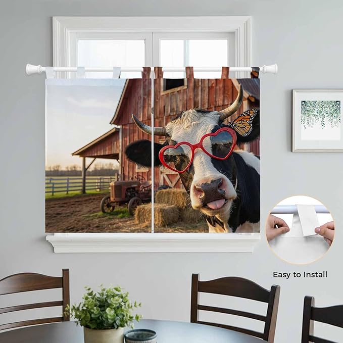 Farm Cows Bedroom Curtains 63 Inch Length, Window Curtains Tab Top, Farmhouse Barn Funny Animals Butterfly Light Filtering Window Treatments Drapes 42"x63" 2 Panel