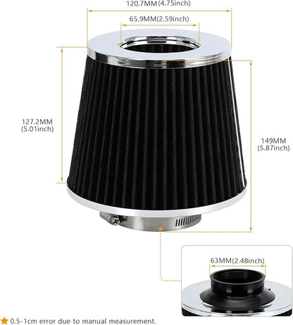 PTNHZ Universal Balck 2.5" 63mm High Flow Cold Air Intake Cone Air Filter Power Intake Air Inlet System Air Cleaner