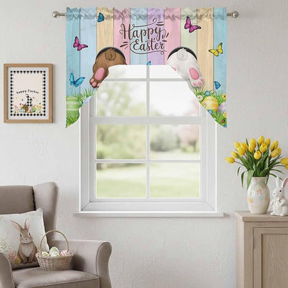 Swag Valance Curtains, Happy Easter Rabbit Butt Egg on Daisy Leaf Rod Pocket Valances Swag Topper for Kitchen Windows, Bufferfly on Wood Barn Light Filtering Short Curtain for Bedroom Bathroom 56x36In