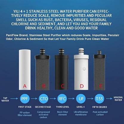 PaniFlow, Water Filter System, 5 Stages Ultrafiltration Water Purifier for Sink, Pur Water Filter, 90 L/H, Tankless Instant Water Purifier for House, Filter Replacement Indicator (Stainless Steel)