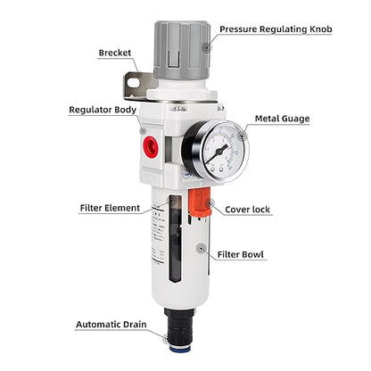 NANPU 1/2" NPT Compressed Air Filter Regulator Combo Piggyback, Auto Drain, 5 Micron Brass Element, Poly Bowl, Metal Bracket, 0-150 psi Gauge