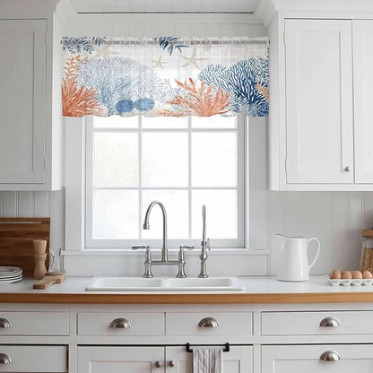 Ocean Corals Sheer Valance Curtains, Summer Beach Coral Sea Stars Light Filtering Kitchen Valances Rod Pocket Voile Curtain Window Treatment for Bedroom/Living Room/Basement 42Wx12L