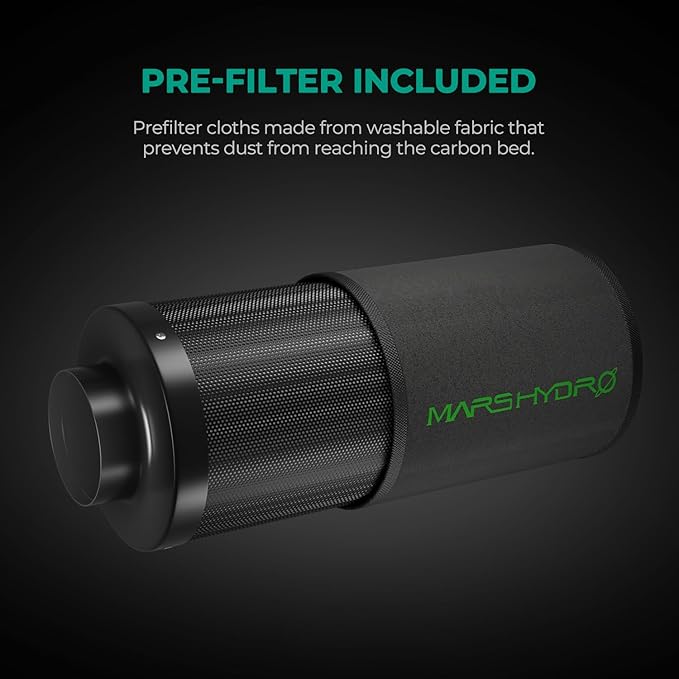 MARS HYDRO 4 Inch Carbon Filter, Inline Air Filter Odor Control with Australian Virgin Charcoal, Carbon Filter for Inline Fan, Grow Tent, Hydroponics, Pre-Filter Included, Reversible Flange