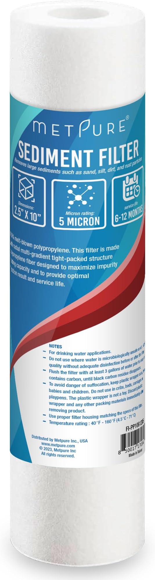 Metpure 6-Pack Sediment Filter 2.5"x10" 5 Micron Multi-Gradient Cartridge Replacement for Any Standard RO Drinking Water System, Whole House Filtration. Compatible with DuPont, Compatible with Pentek