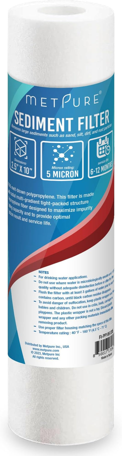 Metpure 6-Pack Sediment Filter 2.5"x10" 5 Micron Multi-Gradient Cartridge Replacement for Any Standard RO Drinking Water System, Whole House Filtration. Compatible with DuPont, Compatible with Pentek