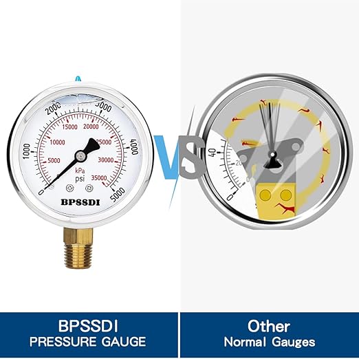 0-5000 Psi Glycerin Liquid Filled Hydraulic High Pressure Gauge, 2.5" Dial Size, 1/4" NPT Lower Mount, 304 Stainless Steel Case, for Water Oil Air Gas Pressure Test