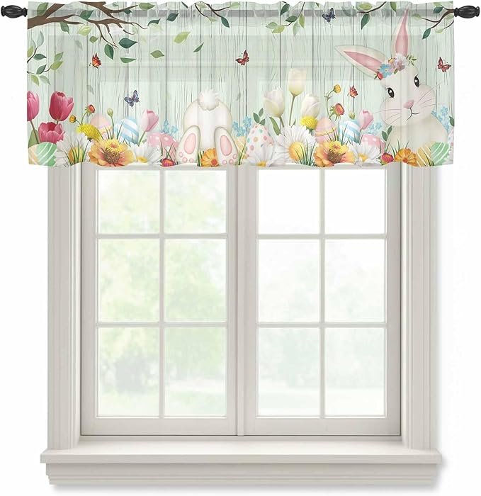 Easter Sheer Valances for Windows 54"x18", Light Filtering Kitchen Curtains Valance, Spring Watercolor Bunny Eggs Tulip Wooden Grain Teal Rod Pocket Chiffon Curtains for Living Room Bedroom Cafe