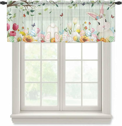 Easter Sheer Valances for Windows 54"x18", Light Filtering Kitchen Curtains Valance, Spring Watercolor Bunny Eggs Tulip Wooden Grain Teal Rod Pocket Chiffon Curtains for Living Room Bedroom Cafe