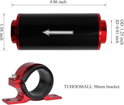 Inline Fuel Filter 100 Micron with 6AN 8AN 10AN Fuel Filter Adapter Universal 50MM, 1 set Inline fuel filter Red