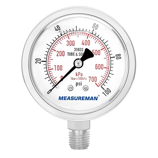 MEASUREMAN Pressure Gauge 1/4 NPT, 0-100psi/kPa Fully Stainless Steel Hydraulic Glycerin Filled Pressure Gauge with 2.5 Inch Dial Size (0-100 psi, Lower Mount - 100% Stainless Steel)
