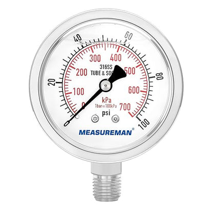 MEASUREMAN Pressure Gauge 1/4 NPT, 0-100psi/kPa Fully Stainless Steel Hydraulic Glycerin Filled Pressure Gauge with 2.5 Inch Dial Size (0-100 psi, Lower Mount - 100% Stainless Steel)