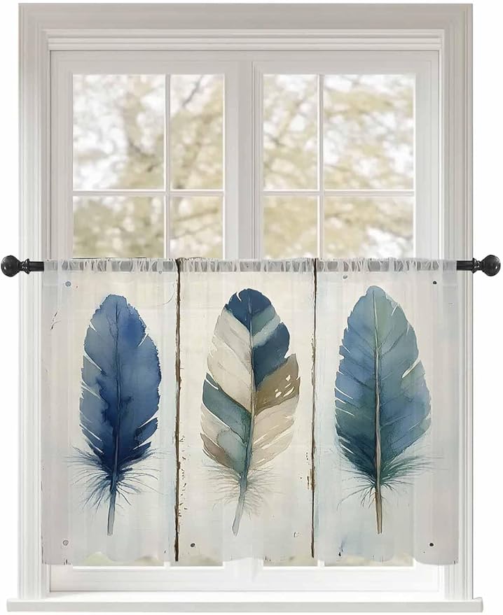 Sheer Curtains 54 Inch Length, Boho Blue Feathers Semi Sheer Curtains Light Filtering Window Treatment, Farmhouse Vintage Wooden Grain Privacy Voile Drapes for Living Room Bedroom 52x54 Inch