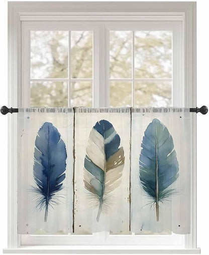 Sheer Curtains 54 Inch Length, Boho Blue Feathers Semi Sheer Curtains Light Filtering Window Treatment, Farmhouse Vintage Wooden Grain Privacy Voile Drapes for Living Room Bedroom 52x54 Inch