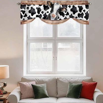 Cow Printed Tie Up Valance Curtains for Windows, Kitchen Curtains Window Shades, Farmhouse Watercolor Country Wooden Grain Light Filtering Roman Curtain Valances for Bedroom/Bathroom/Cafe 42"x12"