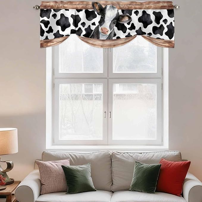 Cow Printed Tie Up Valance Curtains for Windows, Kitchen Curtains Window Shades, Farmhouse Watercolor Country Wooden Grain Light Filtering Roman Curtain Valances for Bedroom/Bathroom/Cafe 42"x18"