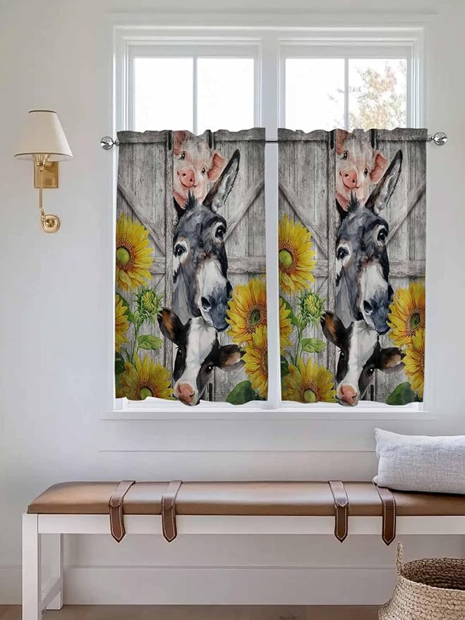 Farmhouse Kitchen Curtains 45 Inches length, Vintage Sunflowers Animals Printed Wood Grain Window Treatment Curtain Drapes, Lightweight Window Panels for Living Room Bedroom, 52"x45", 2 Panels