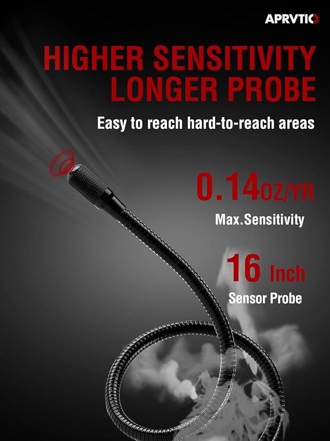 Refrigerant Leak Detector for Air Source Heat Pumps, Aprvtio ALD-200 PRO ASHP Freon Leak Detector for R410A, R407C, R32, R1234ze.16 Inch Sensor Probe with 0.14oz./yr. Max. Sensitivity