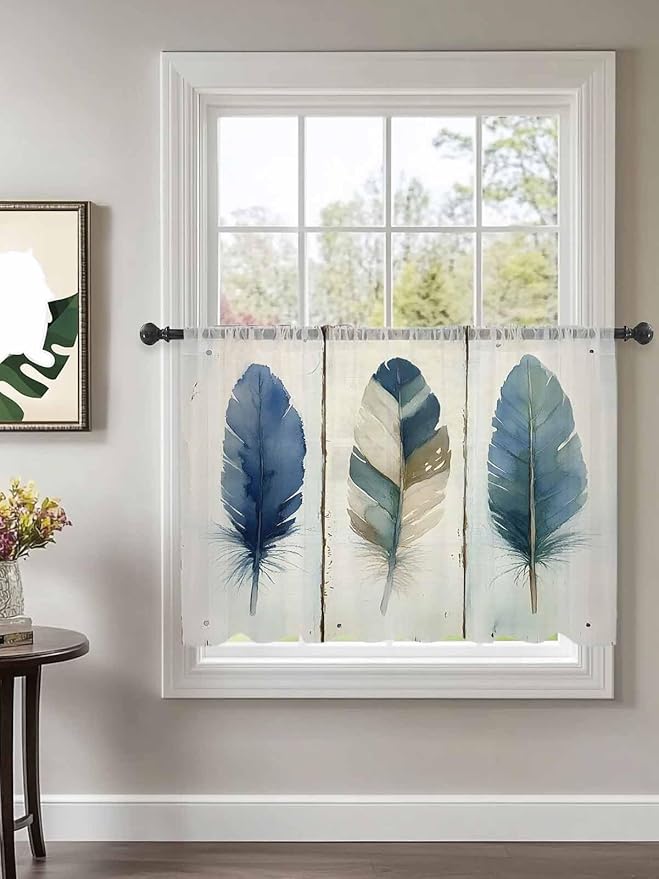 Sheer Curtains 54 Inch Length, Boho Blue Feathers Semi Sheer Curtains Light Filtering Window Treatment, Farmhouse Vintage Wooden Grain Privacy Voile Drapes for Living Room Bedroom 52x54 Inch