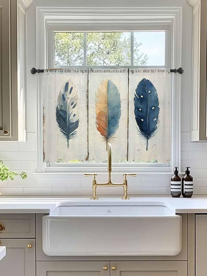 Sheer Curtains 54 Inch Length, Blue Brown Feathers Semi Sheer Curtains Light Filtering Window Treatment, Boho Ombre Vintage Wooden Grain Privacy Voile Drapes for Living Room Bedroom 52x54 Inch
