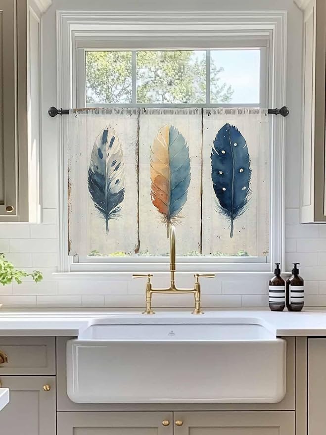 Sheer Curtains 45 Inch Length, Blue Brown Feathers Semi Sheer Curtains Light Filtering Window Treatment, Boho Ombre Vintage Wooden Grain Privacy Voile Drapes for Living Room Bedroom 52x45 Inch