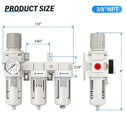 TAILONZ PNEUMATIC 0-150PSI 3/8 Inch NPT Grade 3 Stage Air Drying System, Particulate Filter, 5/0.01 Micron Filter Air Filter Pressure Regulator (Manual Drainage）