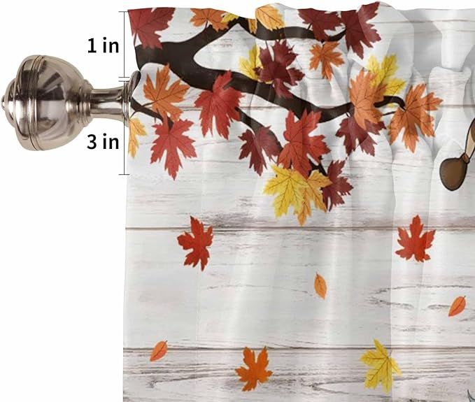 Fall Gnomes Kitchen Curtain Set, Thanksgiving Maple Leaf Grey Wood Grain Window Valance and Tiers 24" Length, Light Filtering Short Curtains Valance for Cafe Bathroom Bedroom 54"x18"