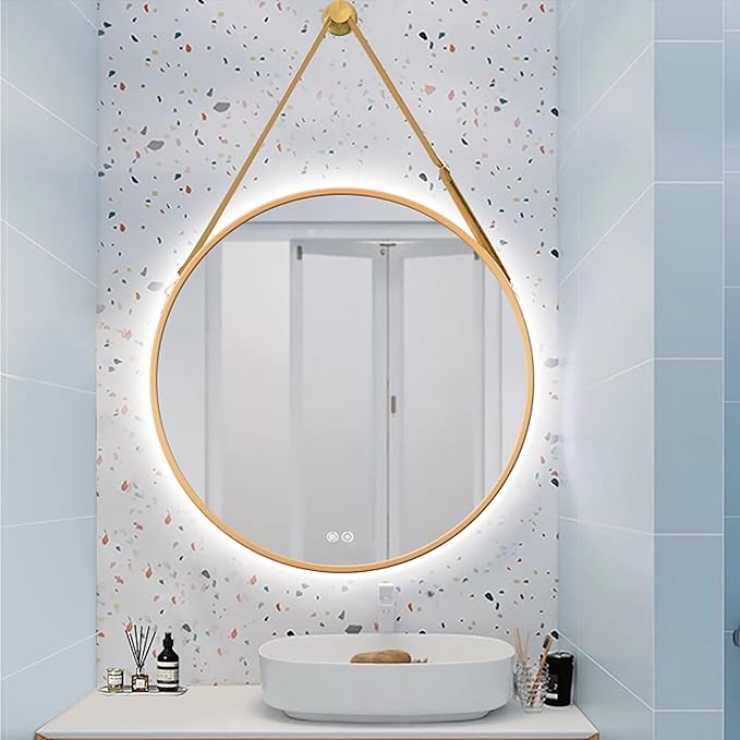 JSLJDM 500X500 mm Illuminated Backlit LED Bathroom Mirror, Wall Mounted Multifunction Bathroom Vanity Mirror with Lights and Demister Pad, Energy-Saving Illuminated Smart Mirror 50cm/19.8in Gold