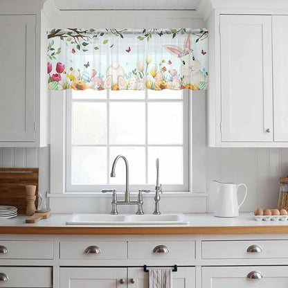 Easter Sheer Valances for Windows 54"x18", Light Filtering Kitchen Curtains Valance, Spring Watercolor Bunny Eggs Tulip Flower Plant Rod Pocket Chiffon Curtains for Living Room Bedroom Cafe