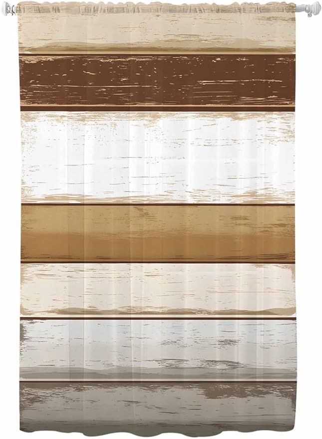 Sheer Curtains 72 Inches Long, Brown Wood Grain Semi Sheer Curtains Light Filtering Window Treatment, Vintage Country Geometric Striped Privacy Voile Drapes for Living Room Bedroom 52x72 Inch