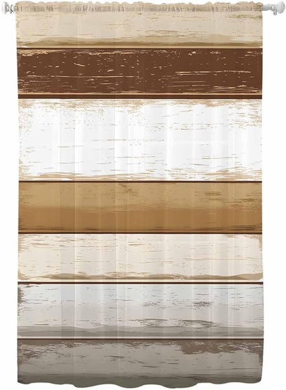 Sheer Curtains 63 Inch Length, Brown Wood Grain Semi Sheer Curtains Light Filtering Window Treatment, Vintage Country Geometric Striped Privacy Voile Drapes for Living Room Bedroom 52x63 Inch
