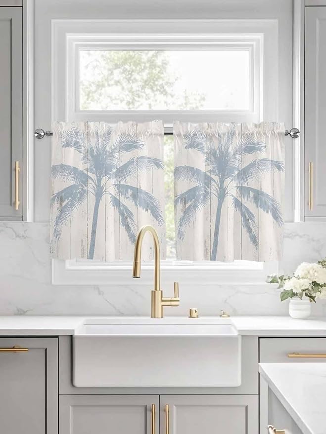 Summer Coconut Tree on Vintage Wood Grain Window Valance Curtains, Seaside Plants Light Filtering Kitchen Valance with 3-inch Rod Pocket for Living Room Bathroom Bedroom,2 Panel,27.5x36In