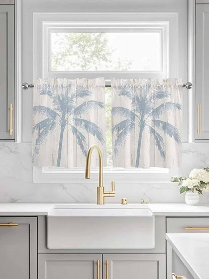 Summer Coconut Tree on Vintage Wood Grain Window Valance Curtains, Seaside Plants Light Filtering Kitchen Valance with 3-inch Rod Pocket for Living Room Bathroom Bedroom,2 Panel,27.5x24In