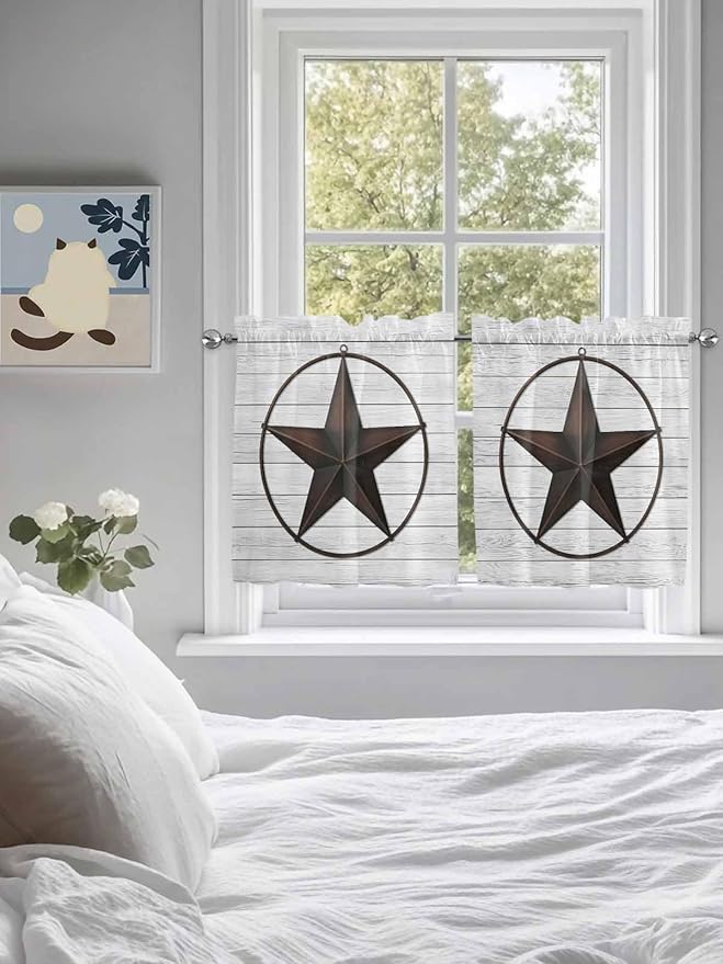 Vintage Farm Western Star Window Valance Curtains, White Wood Grain Light Filtering Kitchen Valance with 3-inch Rod Pocket for Living Room Bathroom Bedroom,2 Panel,27.5x24In