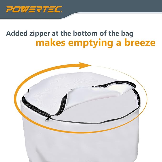 POWERTEC Dust Collector Bag w/ 5" Band Clamp Kit, 1 Micron Dust Bag & 4-3/4" to 5-1/4" Dust Collector Band Clamp for Wen, Shop Fox, Grizzly, Rockler, Delta, and POWERTEC DC5371/ 5372 (70403)