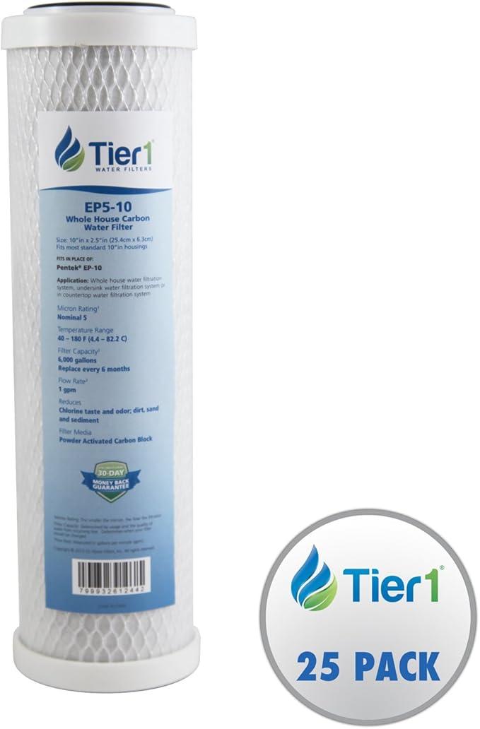 Tier1 5 Micron 10 Inch x 2.5 Inch | 25-Pack Whole House Carbon Block Water Filter Replacement Cartridge | Compatible with Pentek EP-10, 42-34373, 155531-43, CB-25-1005, MAXETW-975, Home Water Filter