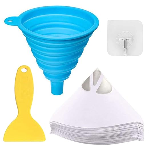 DAOKI 100 Pcs Paper Paint Filters 100 Micron Disposable Paint Paper Strainers for Resin 3D Printer with Collapsible Silicone Funnel, Hook, Clean Tool