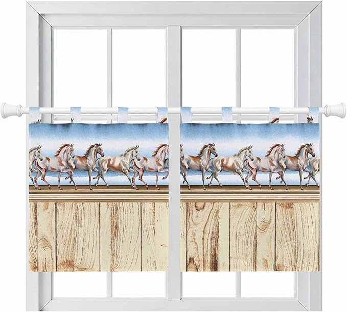 Western Horse Kitchen Curtains 24 Inch Length, Small Window Curtains Tab Top, Farmhouse Wooden Grain Vintage Cowboy Barn Door Light Filtering Short Window Treatments Tier Drapes 27.5"x24" 2 Panel