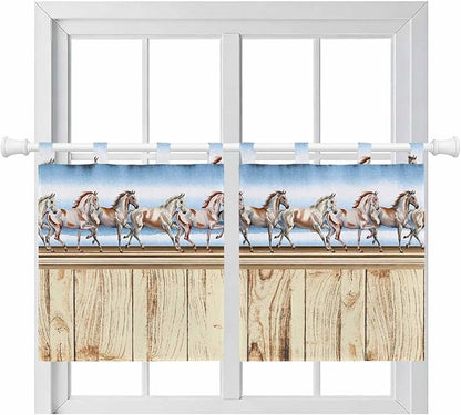 Western Horse Kitchen Curtains 24 Inch Length, Small Window Curtains Tab Top, Farmhouse Wooden Grain Vintage Cowboy Barn Door Light Filtering Short Window Treatments Tier Drapes 27.5"x24" 2 Panel