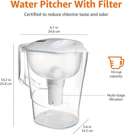 Amazon Basics 10-Cup Water Filter Pitcher, Compatible with Brita Filters, WQA & NSF Certified, Made in Europe