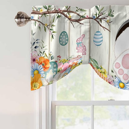 Easter Tie Up Valance Curtains for Windows, Kitchen Curtains Window Shades, Spring Farmhouse Watercolor Bunny Eggs Wood Grain Light Filtering Roman Curtain Valances for Bedroom/Bathroom/Cafe 42"x12"