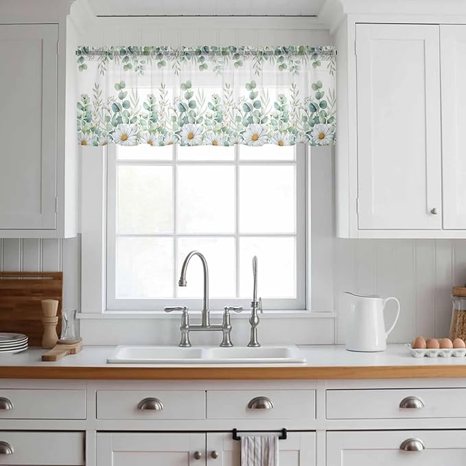 Eucalyptus Leaves Daisy Sheer Valance Curtains, Summer Farmhouses Flower Light Filtering Kitchen Valances Rod Pocket Voile Curtain Window Treatment for Bedroom/Living Room/Basement 42Wx18L
