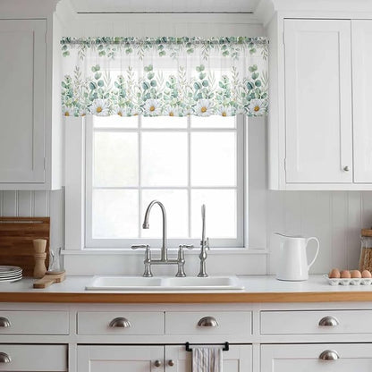 Eucalyptus Leaves Daisy Sheer Valance Curtains, Summer Farmhouses Flower Light Filtering Kitchen Valances Rod Pocket Voile Curtain Window Treatment for Bedroom/Living Room/Basement 60Wx18L