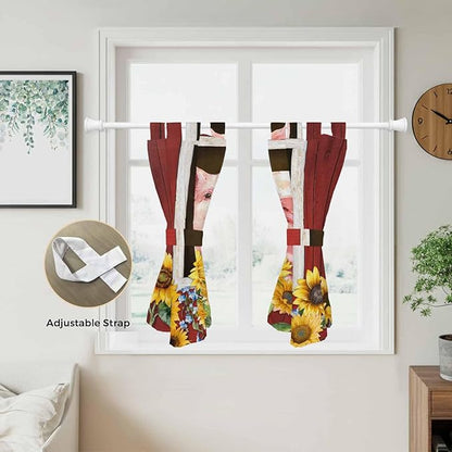 Pigs Sunflowers Kitchen Curtains 45 Inch Length, Short Cafe Window Curtains Tab Top, Farmhouse Red Barn Flowers Animals Light Filtering Window Treatments Tier Drapes 27.5"x45" 2 Panel