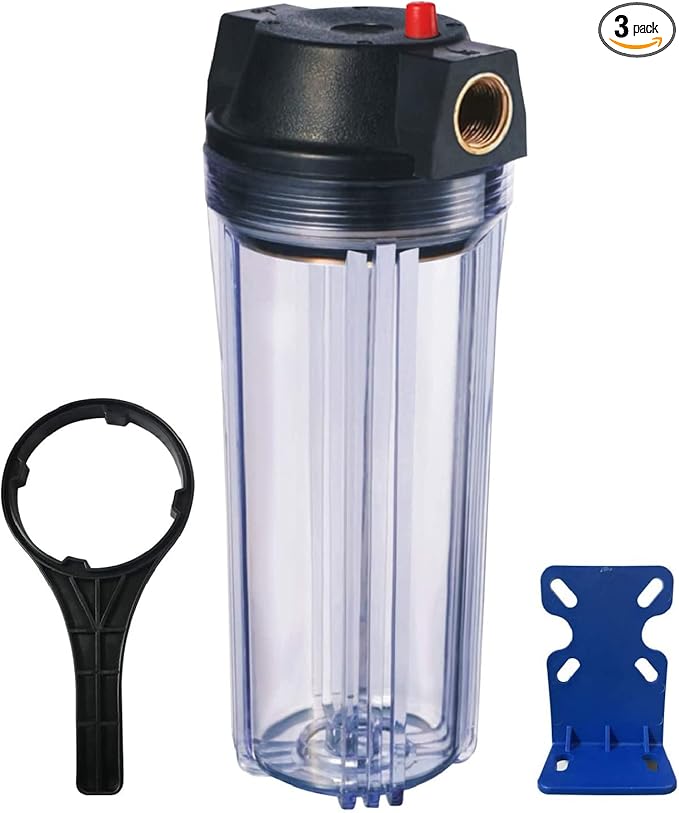 Geekpure 10-Inch Whole House Slim Water Filter Housing with Pressure Relief Valve - 3/4" NPT Brass Port-Fit for 2.5" x 10" Filters-Clear Pack of 3