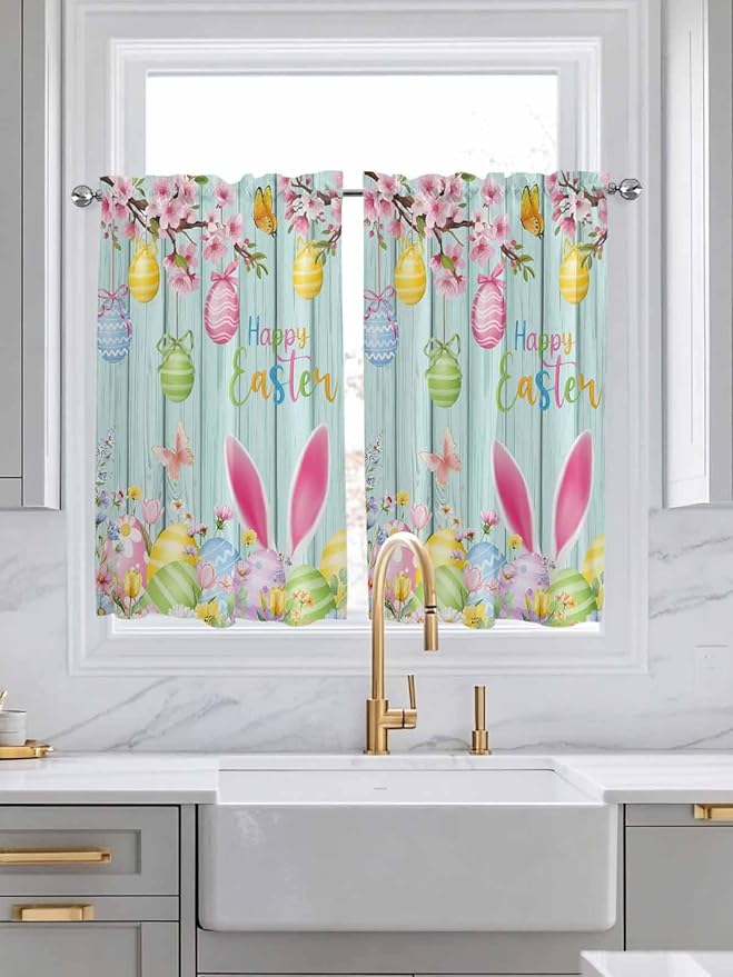 Happy Easter Tier Curtains 45 Inches Long, Spring Bunny Eggs Flower Teal Wood Grain Window Treatment Curtain Drapes, Window Half Privacy Curtains for Bedroom Bathroom, 42"x45", 2 Panels