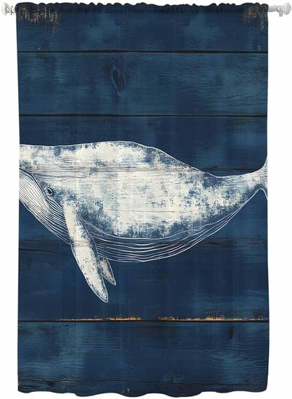 Sheer Curtains 72 Inches Long, Summer Whale Semi Sheer Curtains Light Filtering Window Treatment, Ocean Watercolor Wooden Grain Blue Privacy Voile Drapes for Living Room Bedroom 52x72 Inch