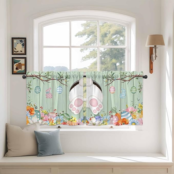 Easter Kitchen Tier Curtains 36 Inch Long 2 Panel Set,Rod Pocket Half Window Curtains Over Sink,Spring Watercolor Bunny Eggs Wooden Grain Green Light Filtering Short Drapes Cafe 27.5"W x 36"L