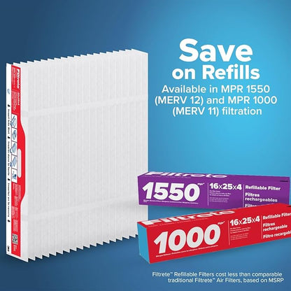 Filtrete 20x25x4 Refillable Air Filter replacement, MPR 1000, MERV 11, Allergen Defense, 2 Pack, use with reusable air filter frame of Filtrete Refillable Air Filter Kit 20x25x4, for HVAC, Furnace, AC